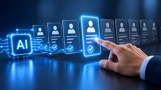 Businessman hand selecting a digital candidate profile powered by artificial intelligence algorithm for modern recruitment process