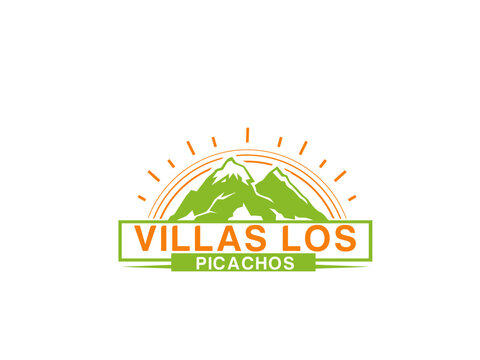 Mountain range and sunburst logo with text on a white background