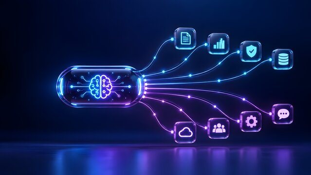 Glowing digital brain in a transparent capsule distributing data connections to multiple corporate technology icons illustrating a centralized artificial intelligence ecosystem