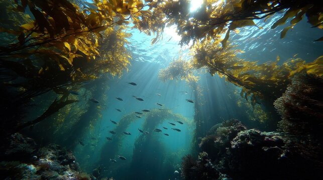 Golden kelp sways underwater, with sunbeams piercing clear blue ocean depths. This vibrant scene conveys marine ecosystem health and natural ocean beauty.