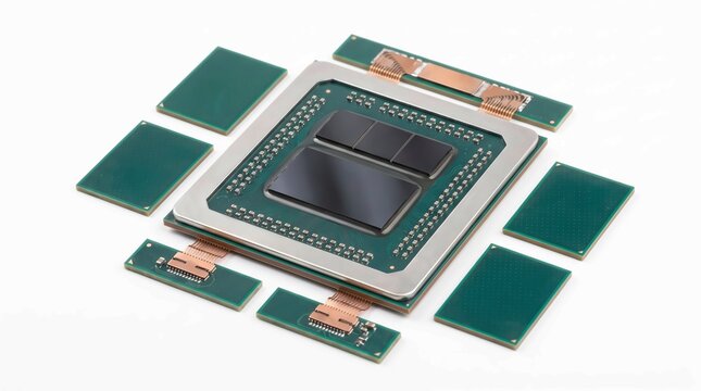 AI processor chiplet architecture with semiconductor chip on printed circuit board on white background