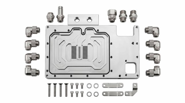 Liquid cooling block kit with metal fittings, screws and brackets for computer on white background