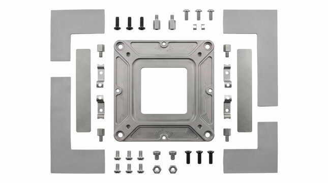 CPU mounting bracket kit with metal backplate, screws and thermal pads on white background