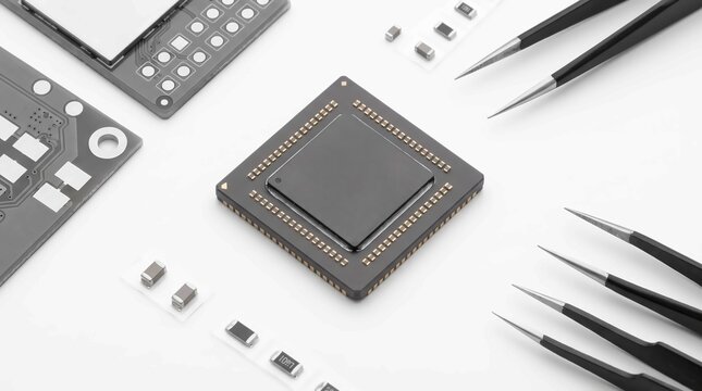 Edge computing processor chip with electronic components and precision tweezers for repair on white background