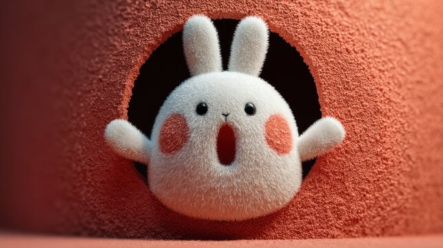 A fluffy cartoon bunny peeking from a hole. It has rosy cheeks and looks surprised