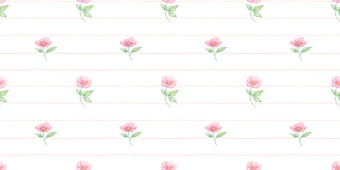Fototapeta premium Pink floral seamless pattern with tiny watercolor flowers and leaves, print for textile, wallpaper, or spring striped designs with romantic cottagecore illustrations