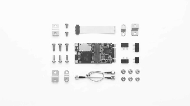 Edge AI storage expansion module circuit board with electronic components and hardware fasteners on white background