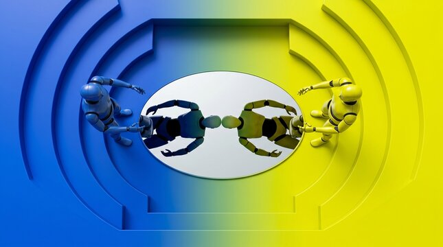 Overhead mirror dialogue on a divided performance dais