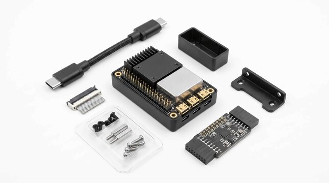 Edge AI processing module microcontroller hardware development kit with electronic components on white background