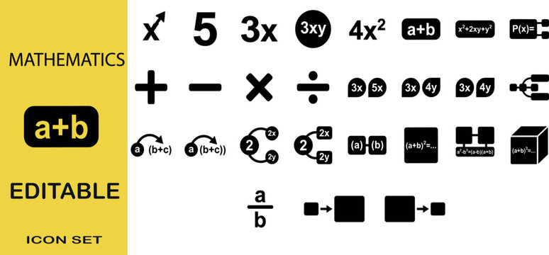 Algebra, Mathematics, Arithmetic Operators, and Equation Formulas Solid Glyph Icons Set Vector Graphic Illustration