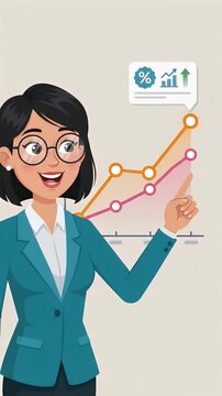 Cartoon Woman Pointing at Upward Trending Graph - A stylish cartoon woman with black hair and glasses points her finger at a colorful, upward-trending line graph.