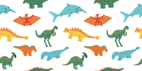 Dinosaurs seamless pattern. Cute dino characters repeat background. Prehistoric Extinct jurassic reptiles lizards, textile, wallpaper design. Flat vector illustration, hand drawn. © passionastia