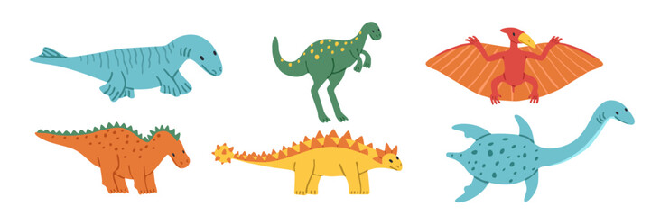 Cute Dinosaurs collection. Set of cute dino characters. Land, marine, flying dinosaurus. Prehistoric Extinct jurassic reptiles lizards. Flat style drawing. Trendy stock vector illustration. © passionastia