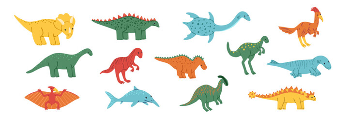 Big Dinosaurs collection. Set of cute dino characters. Land, marine, flying dinosaurus. Cute Extinct jurassic reptiles lizards. Flat style drawing. Trendy stock vector illustration. © passionastia