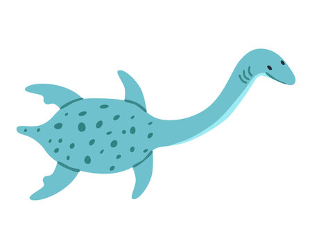 Cute blue water Dinosaur. Hand drawn marine jurassic dino animal isolated on white background. Funny elasmosaurus extinct reptile. Flat vector illustration.