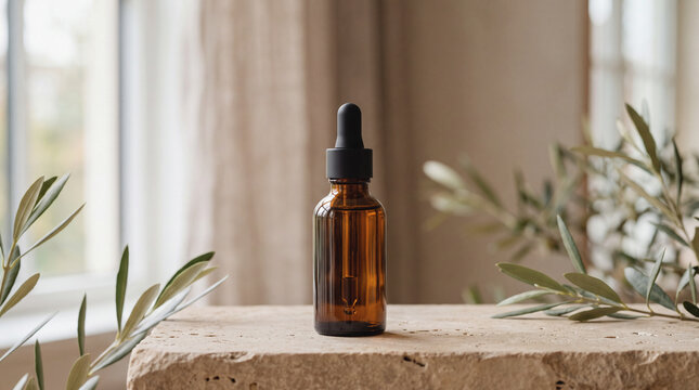 Brown glass dropper bottle mockup with black cap on rough stone surface, olive branches, soft natural window light and beige wall, minimalist wellness branding scene.