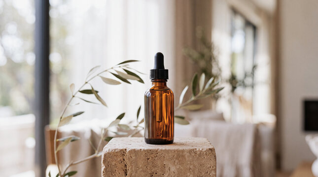 Brown glass dropper bottle mockup with black cap and amber liquid on rough stone block, olive branch, soft natural light, blurred minimalist interior for wellness and skincare branding.
