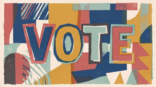 Vibrant "VOTE" paper cutout collage with colorful layered letters on abstract geometric shapes, modern civic awareness poster design with vintage print feel.