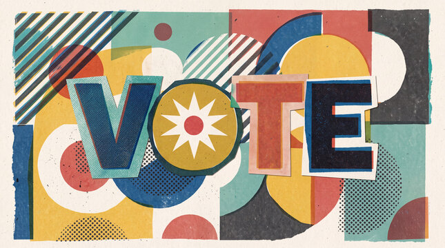 Vintage paper collage "VOTE" graphic with bold cut-out letters, starburst O emblem, and colorful geometric patterns, symbolic civic engagement poster design.