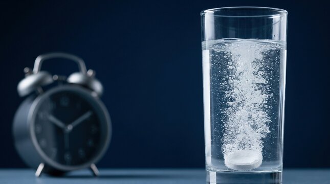 Effervescent tablet dissolving in glass of water beside blurred alarm clock, health medicine timing concept
