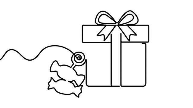 Sweet gift box animation drawn in continuous line art on white background 4k animation. Sweet gift box  4k animation features a continuous line drawing outlining two wrapped candies and a present.