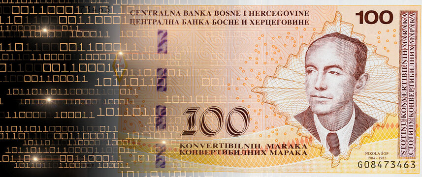 Bosnian convertible mark banknotes dissolving into binary code as a concept of digital currency transformation and financial cyber crime.