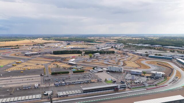 Aerial View of Silverstone Circuit During an Overcast Race Day Event
