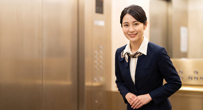 エレベーター内で手を重ねておじぎをする女性案内係と左側の余白