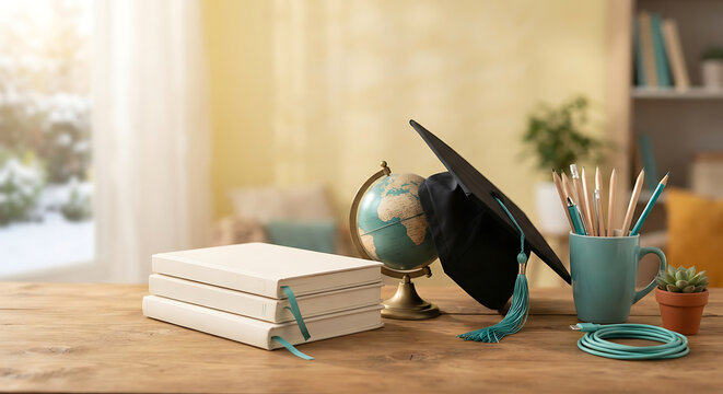Academic Journey Elements: A graduation cap, stack of books, and a globe sit on a wooden desk, symbolizing education, learning, and global knowledge acquisition, ready for study.