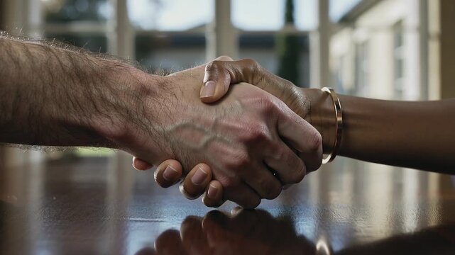 Reaching hands of man and woman clasping at home on wooden table, formal greeting, bracelet