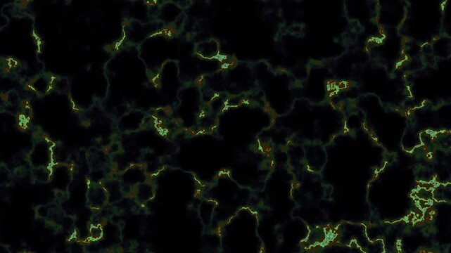 Glowing organic patterns drift continuously across a dark surface forming a seamless loop