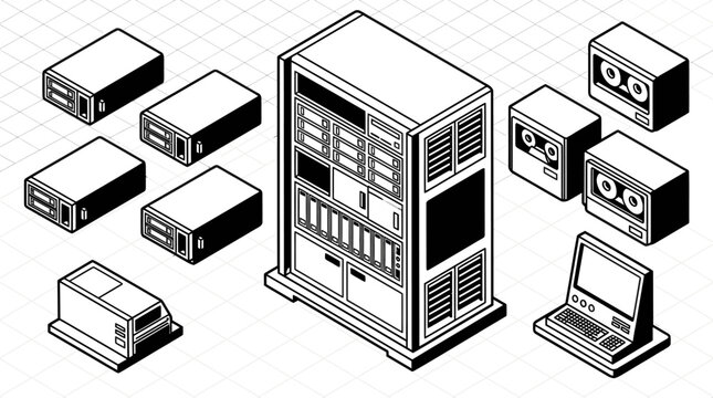 Isometric illustration of computer server and peripherals.