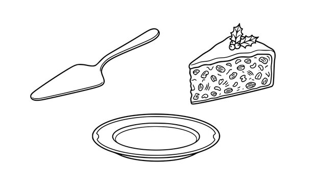 Slice of traditional fruit cake with holly decoration served on an empty plate with a cake server dessert plate christmas cake holiday dessert baked goods kitchen utensil food service