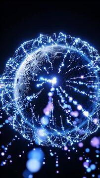 Glowing Spherical Magnetic Field Around Planetoid - A digital render depicts a textured, planet-like sphere at the center, enveloped by a luminous, interconnected network of glowing blue particles.