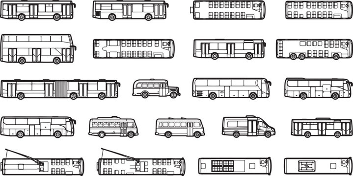 A collection of various bus designs, showcasing different models and styles for transportation.