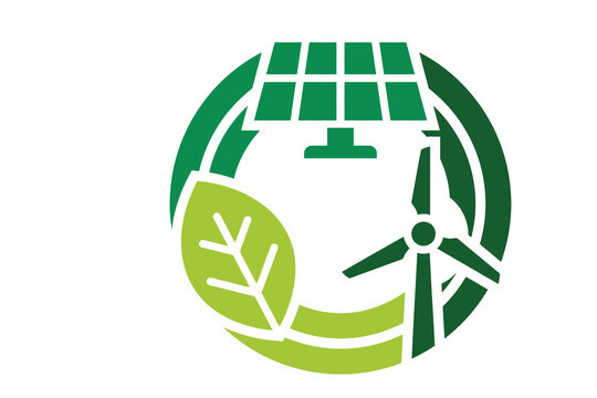 Green energy concept icon featuring a solar panel and wind turbine combined with a natural leaf shape