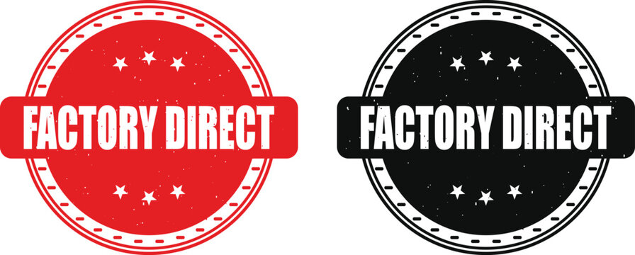 Factory Direct rubber stamp icons in red and black, grunge texture style, isolated on white background