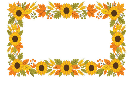 Decorative rectangular frame made of bright yellow sunflowers and colorful autumn leaves on a white background