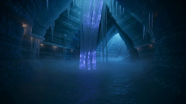 Streaming central ribbons pulsing lights with beam entering ceiling gap, on pool inside ice cavern