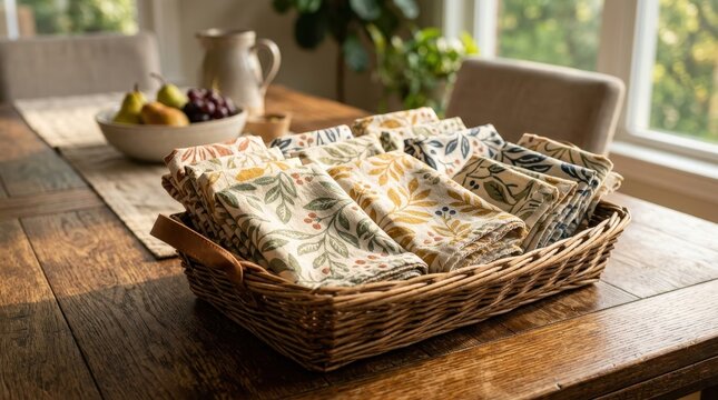 Woven basket filled with botanical print linen napkins on a wooden table, adding cozy charm to dining settings.