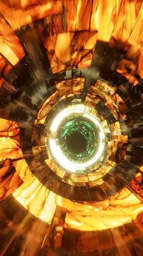 Abstract Fiery Tunnel Motion Background - A first-person perspective of moving through a glowing, fiery tunnel with concentric rings and fragmented panes.