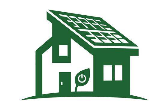 Green eco friendly house icon with solar panels and a leaf power symbol for sustainable living