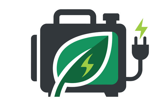 Icon of a portable power station featuring a green leaf and lightning bolt for sustainable energy solutions