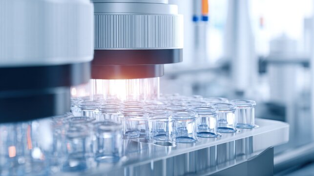 Modern laboratory equipment focusing on transparent vials illuminated in a scientific setting