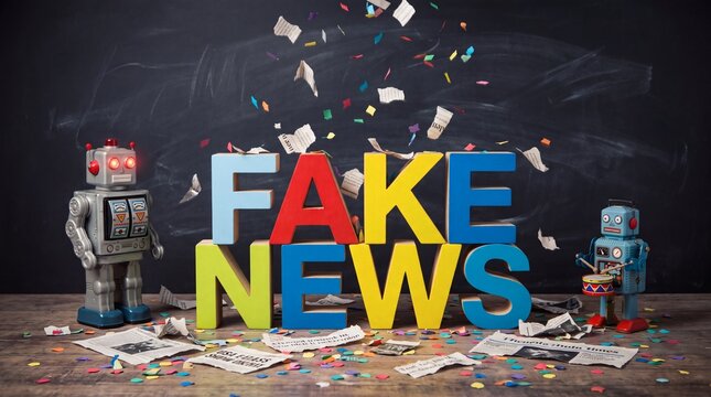 Colorful Fake News Letters with Robots and Scattered Papers.