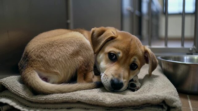 Grooming tan-brown puppy nibbling paw and stretching leg in shelter kennel bars, towel,bowl visible