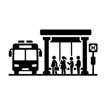 Professional Black and White of Bus Stop with People Boarding a Bus Under Shelter with high quality professional line art symbols for modern creative design and digital branding projects
