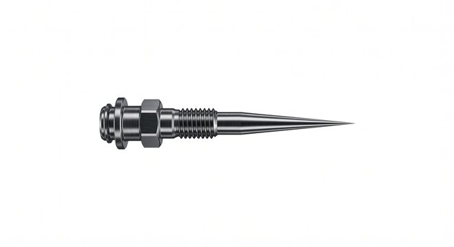 Industrial corona discharge electrode pin. Micro-machined solid tungsten shaft for extreme electrical fields and polymer adhesion. High-voltage hardware isolated on white background.
