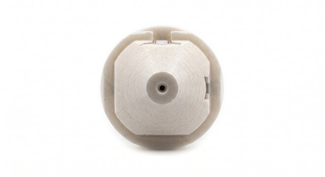 Atmospheric plasma jet nozzle, micro-machined high-temperature ceramic cone. Surface activation hardware for industrial ionized gas delivery. Isolated macro on white background.