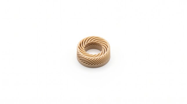 Plasma torch swirl gas baffle ring. Micro-machined high-temperature polymer with aerodynamic channels for ionized gas control. Precision industrial hardware isolated on white.